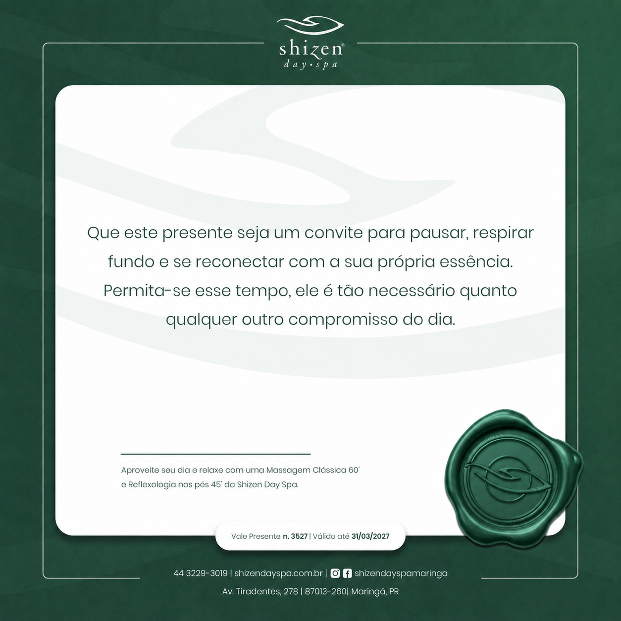 Cartão original Shizen, com fundo verde, mensagem e selo